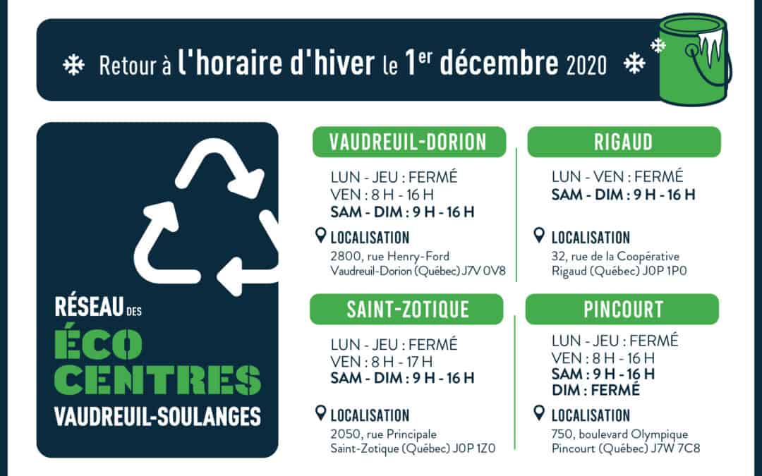 Retour à l’horaire d’hiver pour le Réseau des écocentres de la MRC de Vaudreuil-Soulanges