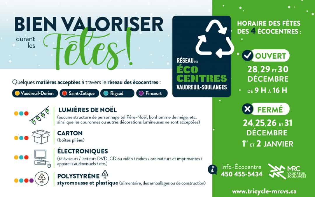 Horaire des Fêtes du Réseau des écocentres de Vaudreuil-Soulanges