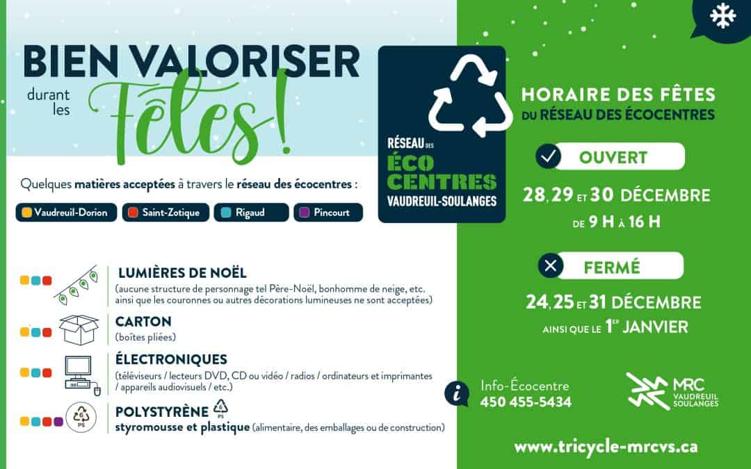 Horaire des Fêtes du Réseau des écocentres de Vaudreuil-Soulanges