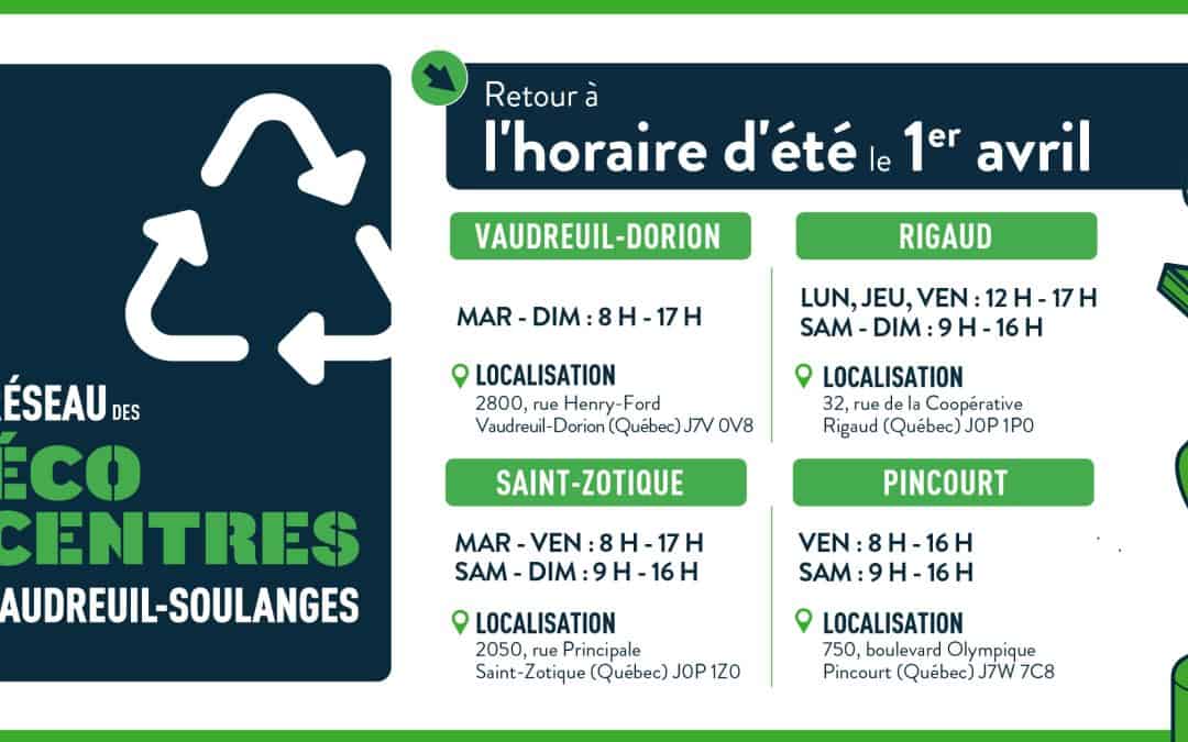 Retour à l’horaire d’été du Réseau des écocentres de la  MRC de Vaudreuil-Soulanges