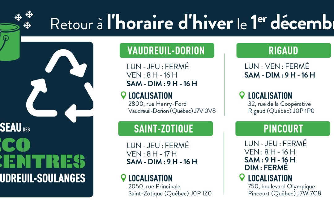 Retour à l’horaire d’hiver du Réseau des écocentres de la  MRC de Vaudreuil-Soulanges