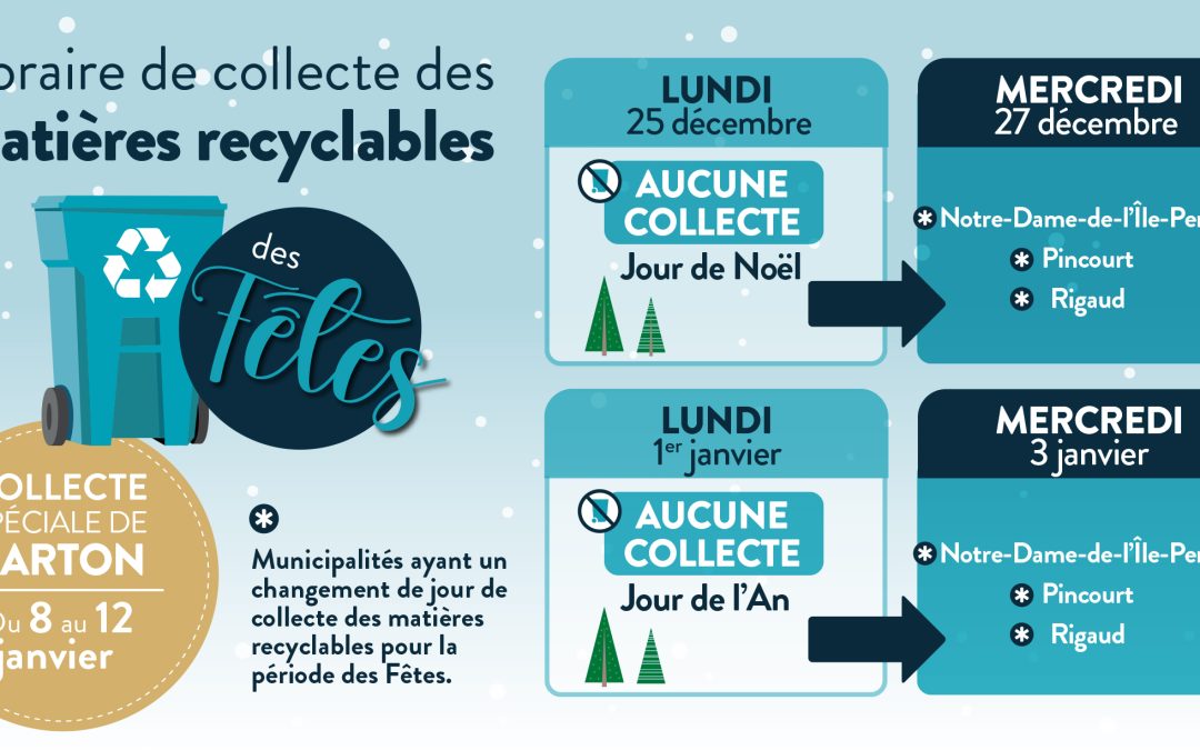 Période des Fêtes – Changement d’horaire pour la collecte des matières recyclables et collecte spéciale de carton
