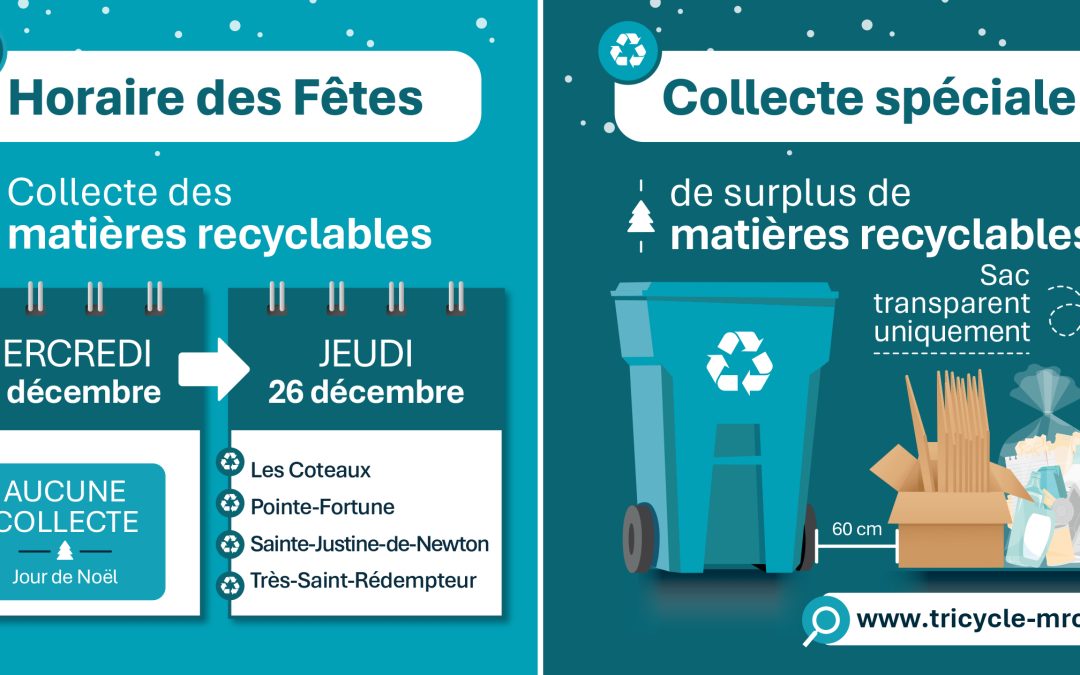 Période des Fêtes / Changement d’horaire pour la collecte des matières recyclables et collecte spéciale de surplus